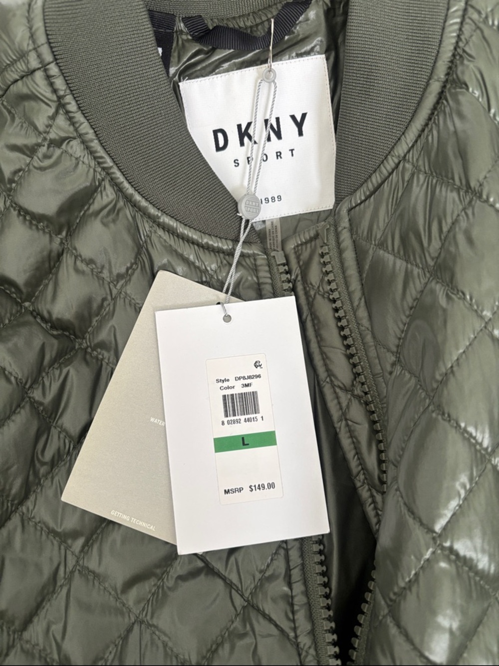DKNY Olive Quilted Bomber Jacket nwt large - Picture 3 of 6